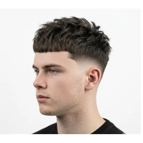 Man with a messy low taper fade Edgar haircut featuring textured hair and a natural finish on a white background.
