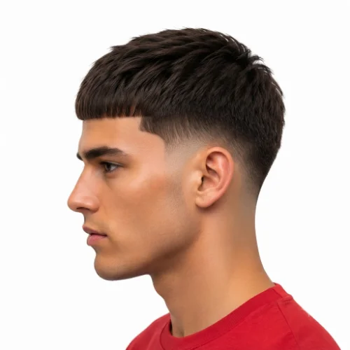 Man with a short low taper fade Edgar haircut featuring a neat top and clean faded sides on a white background.
