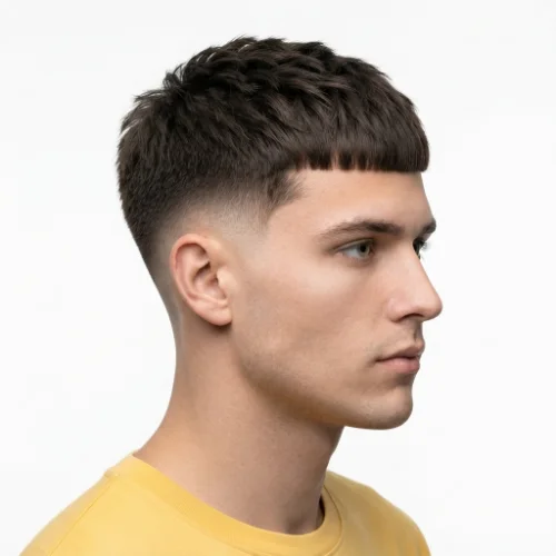 Man with a long textured top and low taper fade Edgar haircut on a clean white background.
