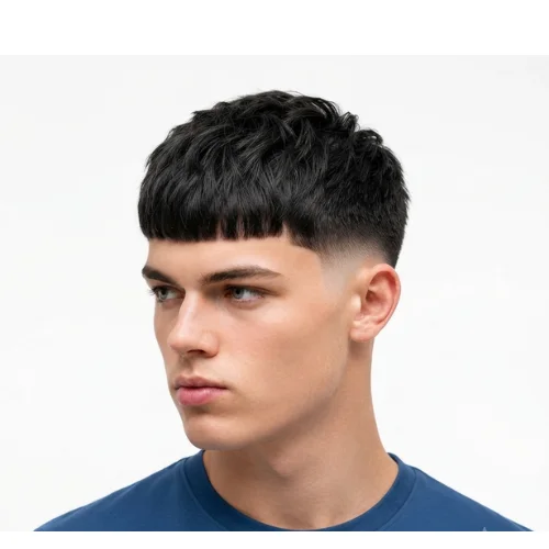Man with a low taper fade Edgar featuring a straight textured fringe and clean faded sides on a white background.
