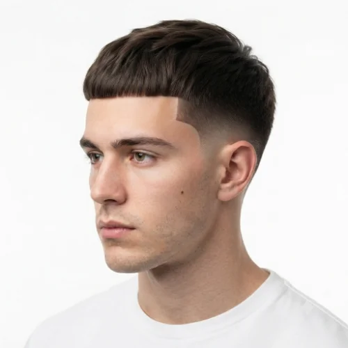 Man with a low taper fade Edgar featuring a sharp line up and defined hairline on a white background.
