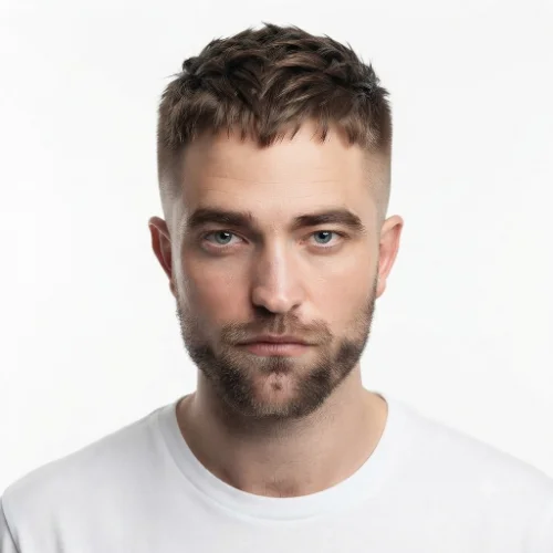 Man with a low taper fade Edgar haircut paired with a neatly trimmed beard on a white background.
