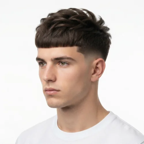 Man with a low taper fade Edgar blowout featuring voluminous textured hair and clean faded sides on a white background.
