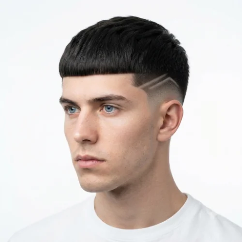 Man with a low taper fade Edgar haircut featuring a stylish shaved design on the sides.
