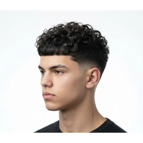 Man with curly hair styled into a low taper fade Edgar haircut on a clean white background.
