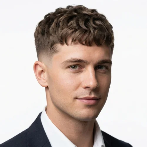 Man with wavy hair styled into a low taper fade Edgar haircut on a white background.
