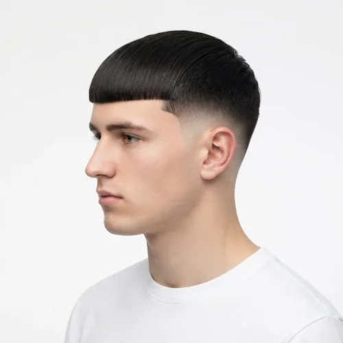 Man with straight hair and a low taper fade Edgar haircut featuring a clean textured fringe.
