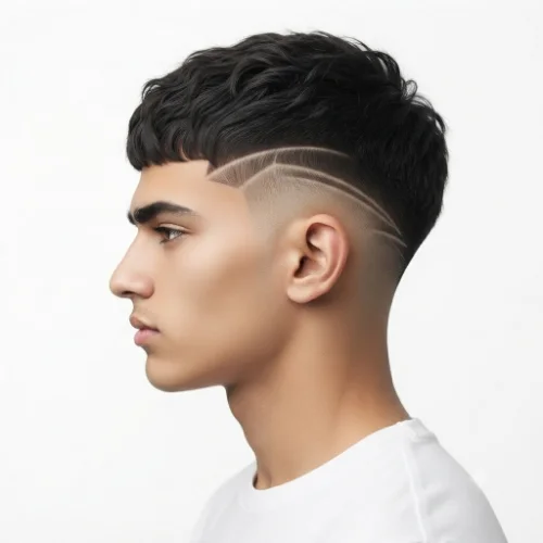 Man with thick hair styled into a low taper fade Edgar haircut with a full textured top.
