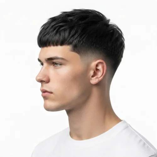 Man with a low taper Edgar cut featuring a burst fade around the ears and textured hair on top.
