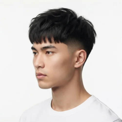 Man with fluffy textured hair and a low taper fade Edgar haircut on a white background.
