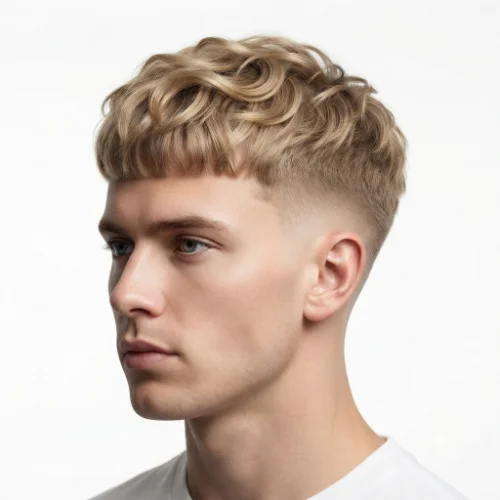 Blonde man with a low taper fade Edgar haircut featuring a textured fringe on a white background.
