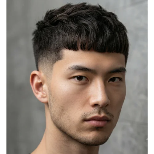Asian man with a stylish low taper fade Edgar haircut featuring a textured top and clean sides.
