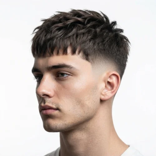 Man with a low taper fade Edgar featuring a textured fringe and choppy top on a clean white background.
