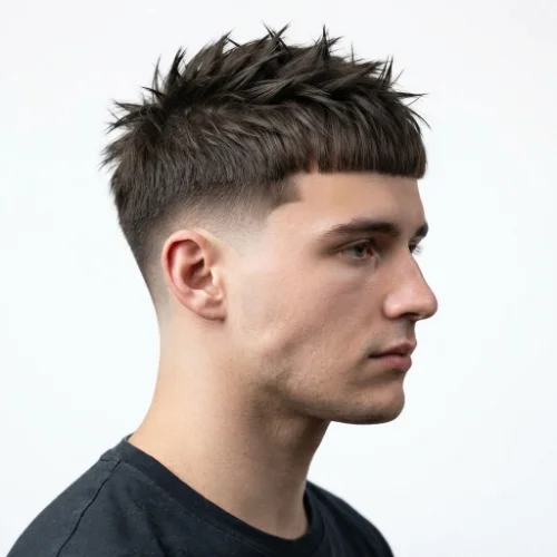 Man with a low taper fade Edgar featuring spiky textured hair and clean faded sides.
