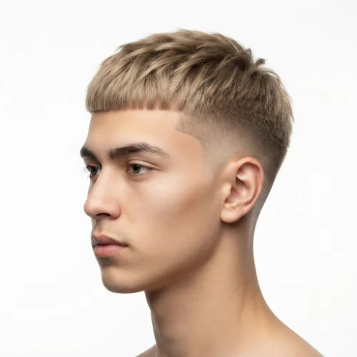 Man with a low taper fade Edgar crop featuring a short textured top and defined fringe.
