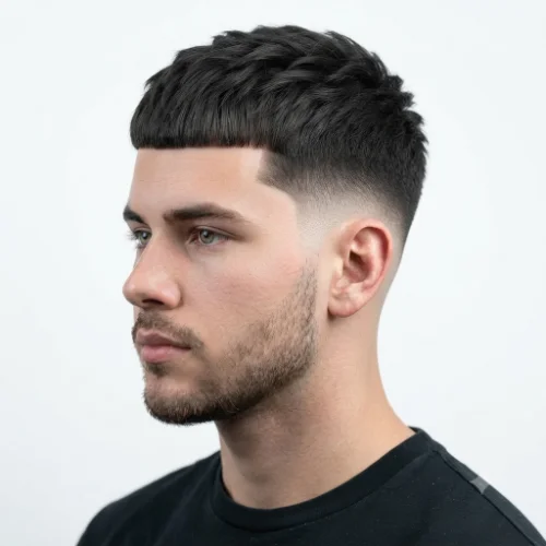 Man with a low taper fade Edgar featuring a short Caesar fringe and clean faded sides.
