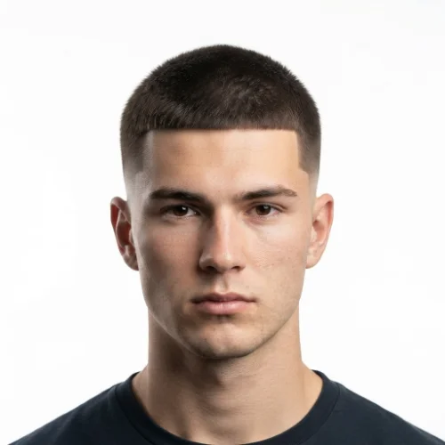 Man with a short buzz cut top and low taper fade Edgar haircut on a clean white background.

