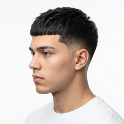 Man with a mid taper Edgar haircut featuring a low fade transition and textured top.

