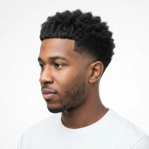 Black man with an afro-textured low taper fade Edgar haircut featuring a defined fringe and clean sides.