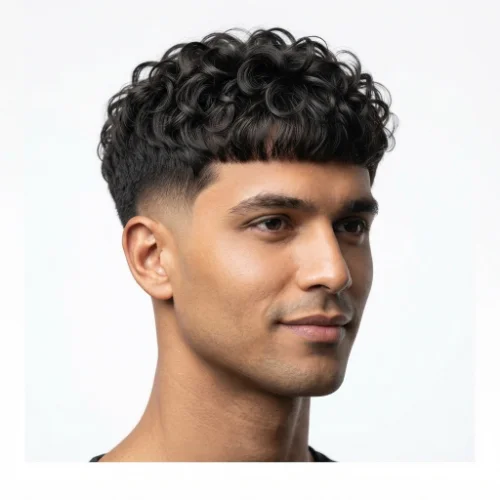 Man with a low taper fade Edgar cut featuring permed textured curls and a defined fringe.
