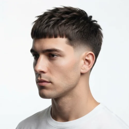 Man with a low taper Edgar cut featuring a drop fade around the ears and neckline.