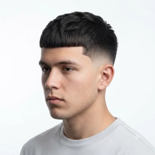 Man with a Mexican-inspired low taper fade Edgar haircut featuring a textured top and sharp fringe.