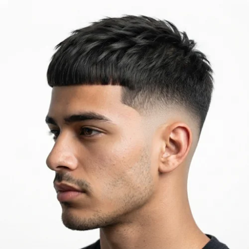 Man with a stylish low taper fade Edgar haircut featuring a textured top and sharp modern finish.
