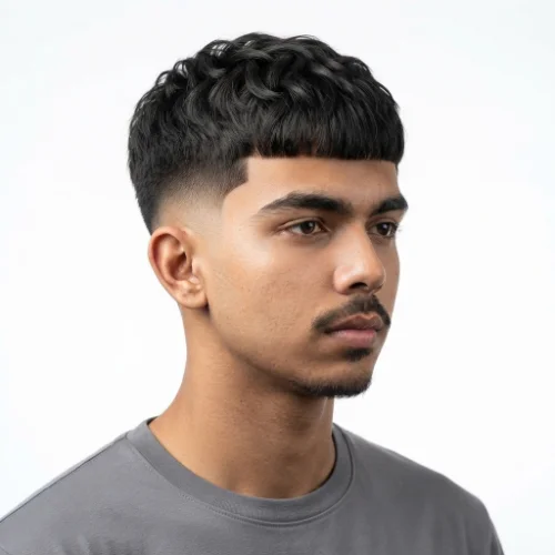 Man with an Edgar cut featuring a high fade and short textured hair on top.
