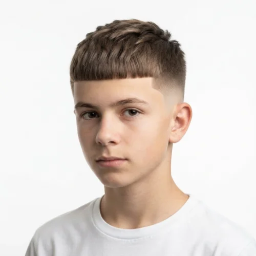 Man with a low taper Edgar haircut featuring a clean skin fade around the sides and neckline.
