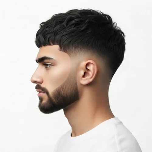 Man with wavy hair, a low taper fade, and a neatly groomed beard on a white background.