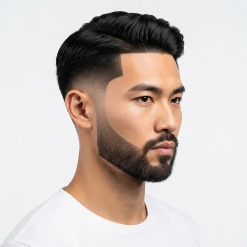 Man with a low taper fade, sharp line up, and neatly groomed beard on a clean white background.