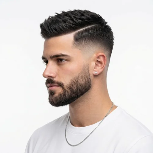 Man with a low taper fade, defined hard part, and neatly trimmed beard on a white background.