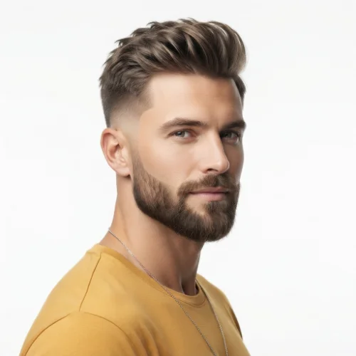Man with a modern low taper fade haircut and neatly groomed beard featuring a stylish 2026 look.