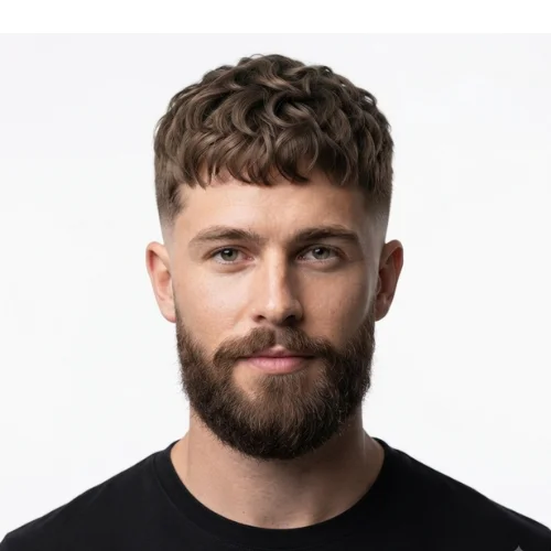 Man with a low taper fade haircut and thick, neatly groomed facial hair on a white background.