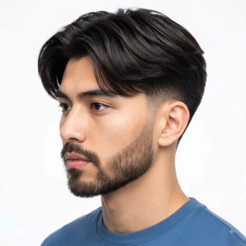 Man with a textured fringe, low taper fade, and neatly groomed beard on a white background.