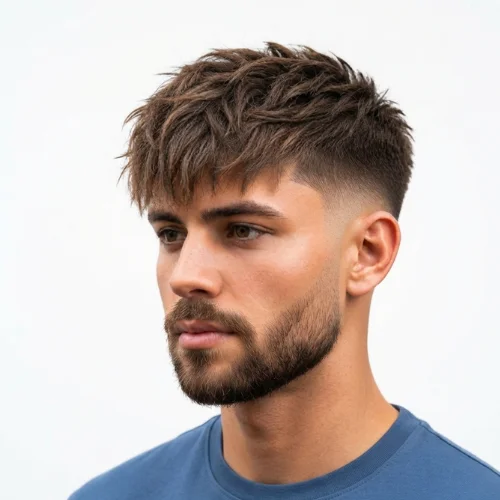 Man with messy textured hair, a low taper fade, and a neatly groomed beard on a white background.