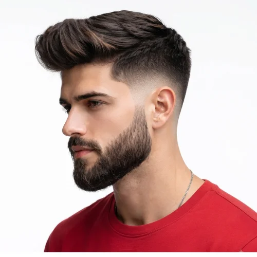 Man with a low taper fade, voluminous quiff, and neatly groomed beard on a white background.