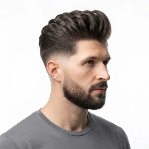 Man with a low taper fade, styled pompadour, and neatly groomed beard on a white background.