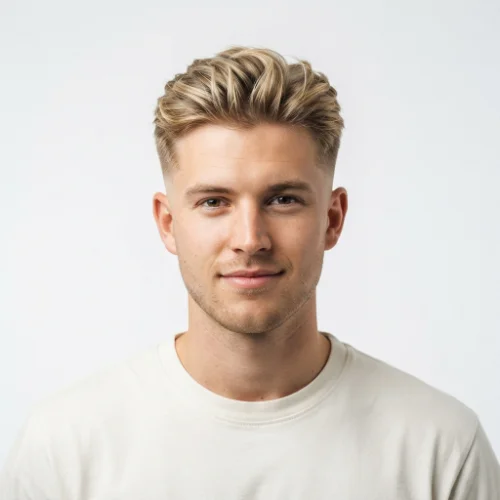 Man with textured blonde hair and a low taper fade haircut on a clean white background.