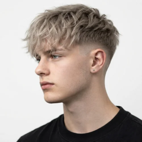 Man with messy blonde hair and a low taper fade featuring natural texture on a white background.