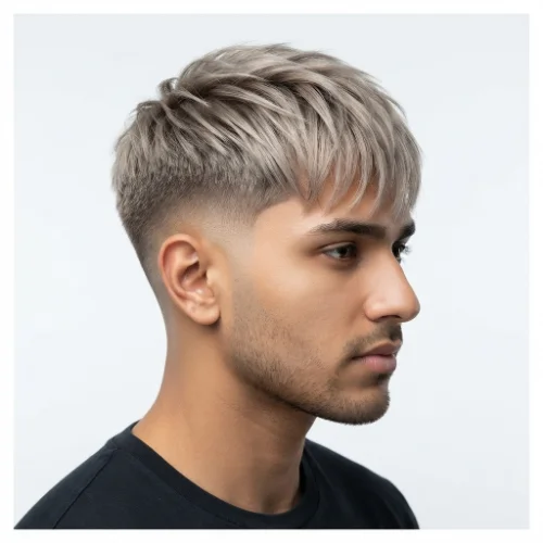 Man with straight blonde hair, textured fringe, and a low taper fade on a white background.