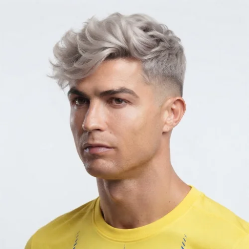 Man with fluffy blonde hair and a low taper fade featuring soft volume on a white background.