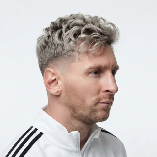 Man with curly blonde hair styled with a low taper fade on a clean white background.