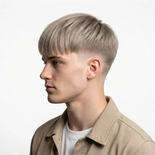 Man with straight blonde hair and a clean low taper fade haircut on a white background.