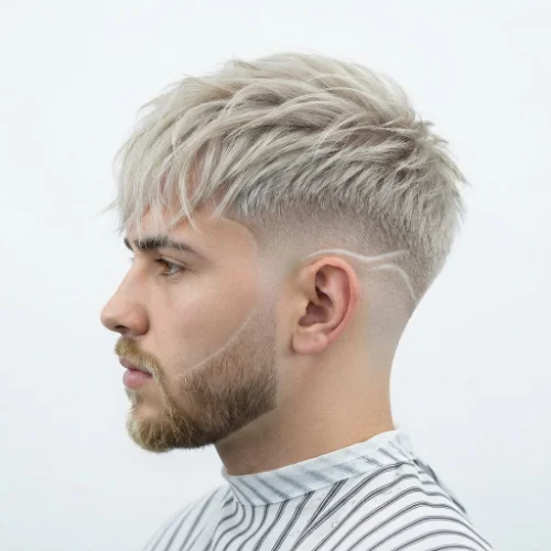 Man with blonde hair styled with a textured fringe and low taper fade on a white background.