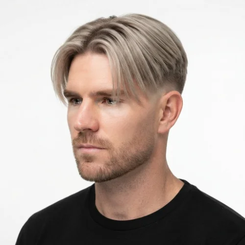 Man with blonde hair styled in a middle part and low taper fade on a clean white background.