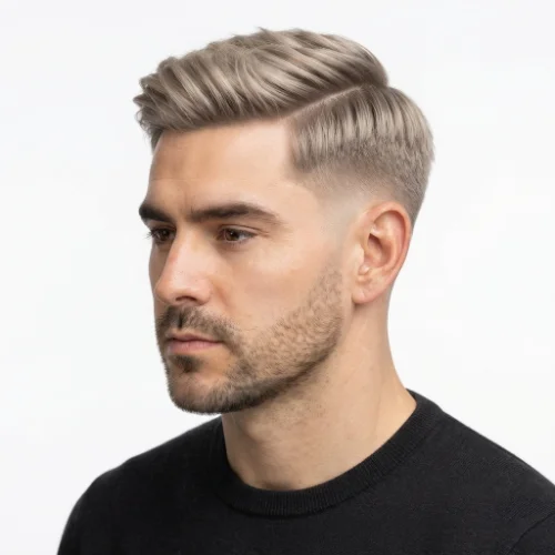 Man with blonde hair styled in a neat side part and low taper fade on a white background.