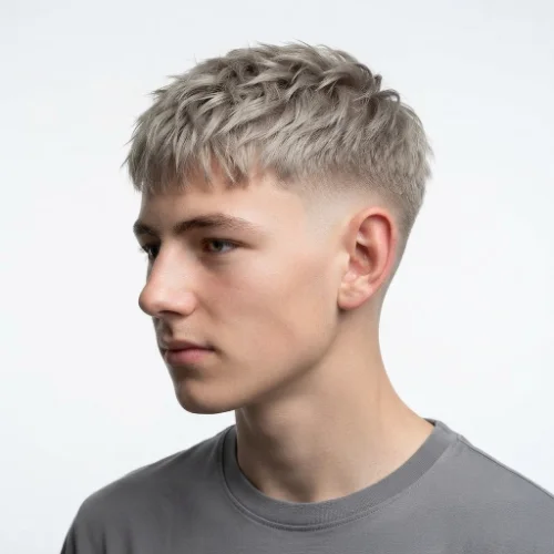 Man with a textured blonde crop and low taper fade featuring a short fringe on a white background.