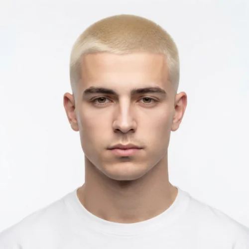 Man with a short blonde buzz cut and low taper fade on a clean white background.