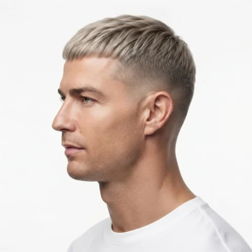 Man with a blonde Caesar cut and low taper fade featuring a short straight fringe on a white background.